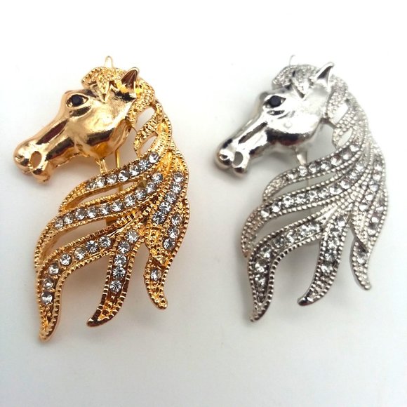 Horse Brooch Rhinestone Pin Stylish Sparkle Gold or Silver Tone Metal Equestrian - Picture 3 of 4